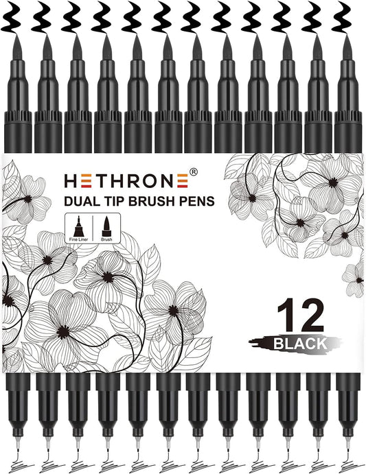 Hethrone Black Markers for Drawing - Brush Pens with Felt Tips for Artists - Calligraphy Pens, 12 Pack