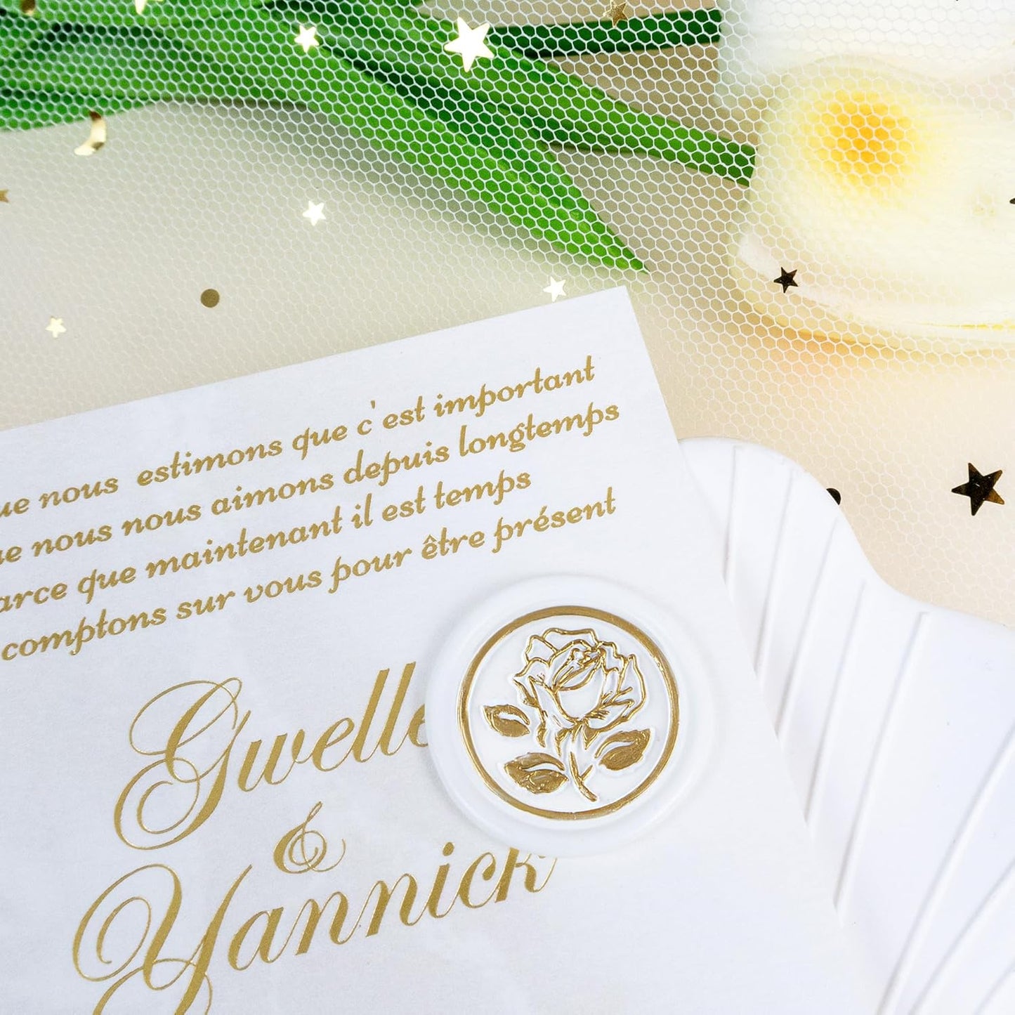 50Pcs Gold & White Wax Seal Stickers Handmade Envelope Seals Self Adhesive Wax Stickers for Wedding Party Invitations, Envelope, Gift Wrap, Christmas(Gold Rose Style, White Wax)