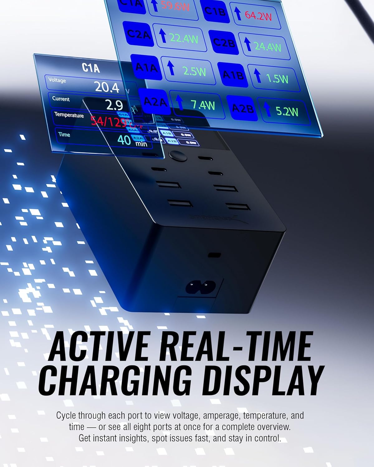 SABRENT 252W USB Charger – 8-Port Charging Station with USB-C 100W PD & USB-A Fast Charging, LCD Display, PPS, Compact Travel Design for Laptops, Phones, Tablets, Gaming Devices (AX-8PTC)