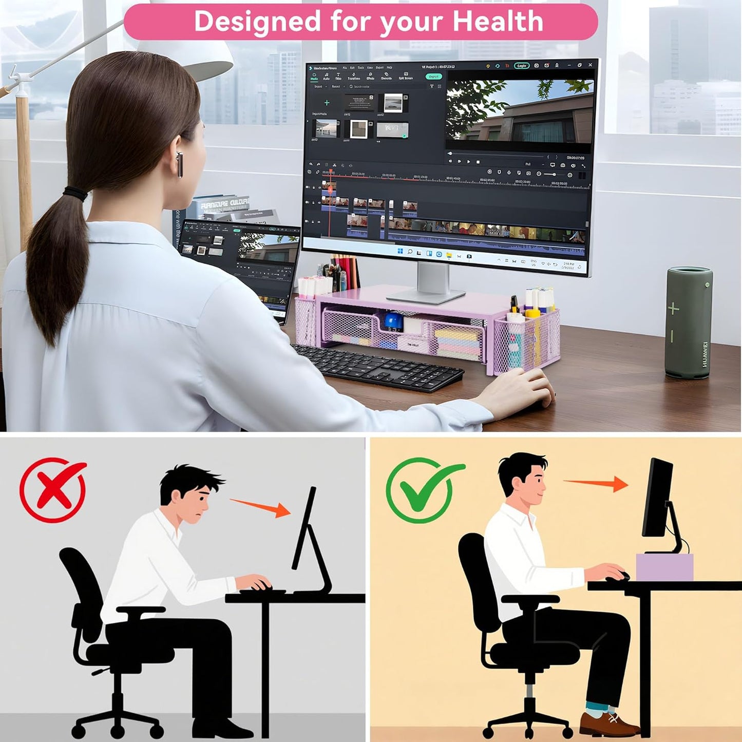 Computer Monitor Stand Riser with Drawer and Pen Holders, Desk Organizer Shelf and Accessories, Office Desk Accessories, Office Organization, Purple