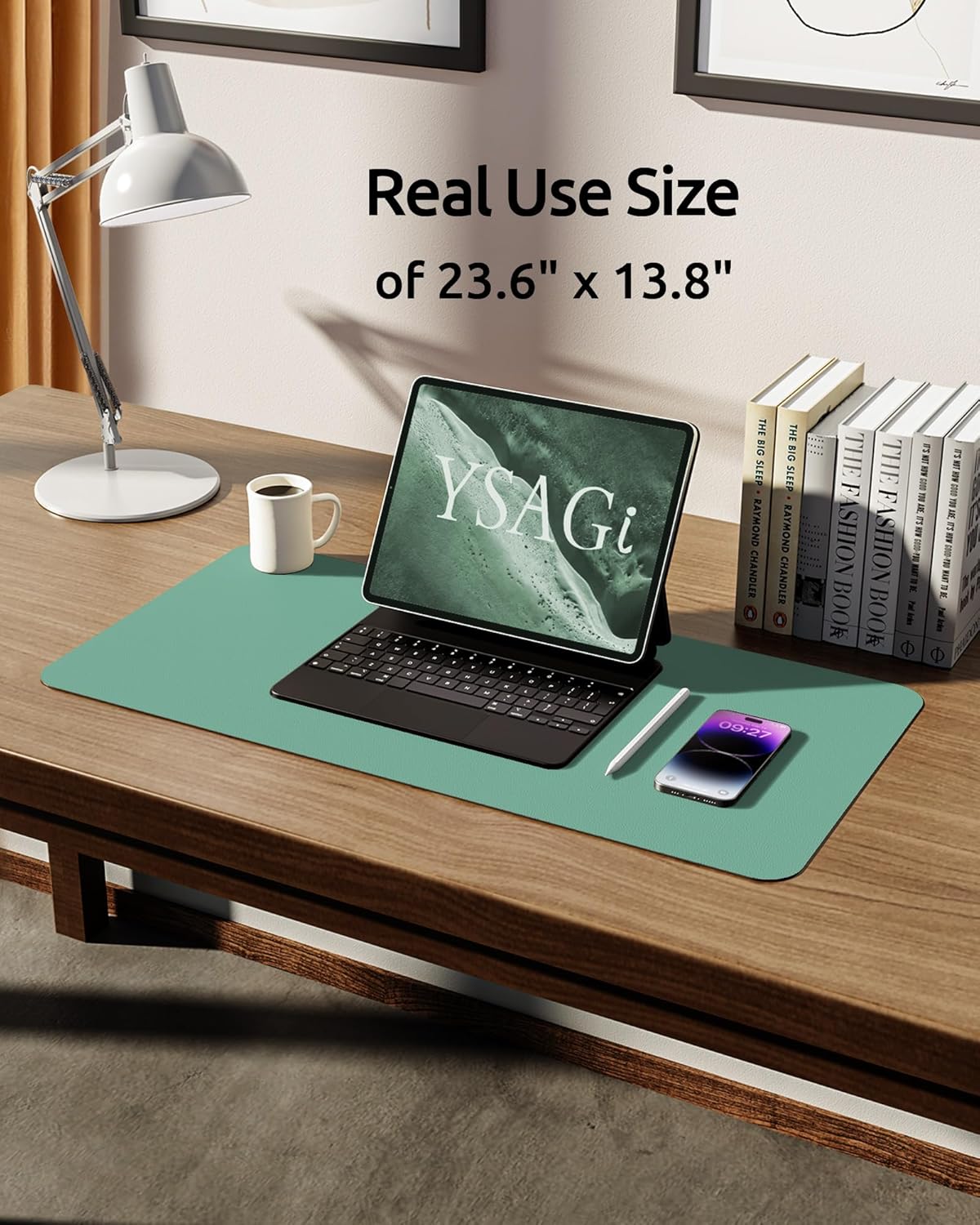 YSAGi Leather Desk Protector, Office Mat, Large Mouse Mat, Non-Slip PU Leather Blotter, Laptop Desk Pad, Waterproof Writing Pad for Office and Home (Green-Blue, 23.6" x 13.8")