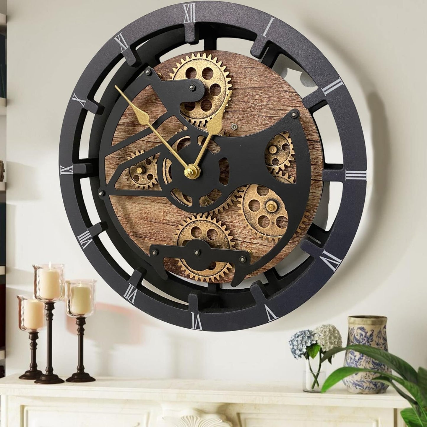 The Gears Clock 16 inches Wall Clock with Real Moving Gears Convertible into a Big Mantel Clock (Vintage Brown)