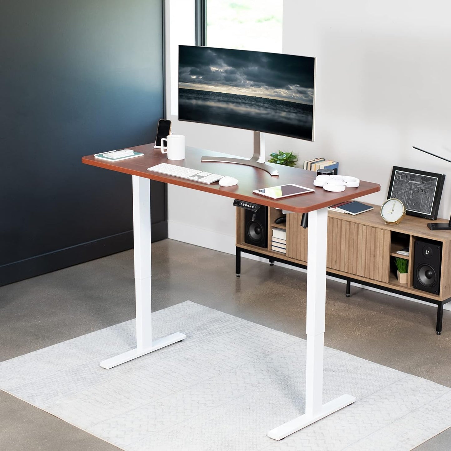 VIVO Electric 60 x 24 in Standing Desk, Memory Height Adjustment, 1B Series, One-Piece Dark Walnut Top, White Frame, DESK-KIT-1W6D