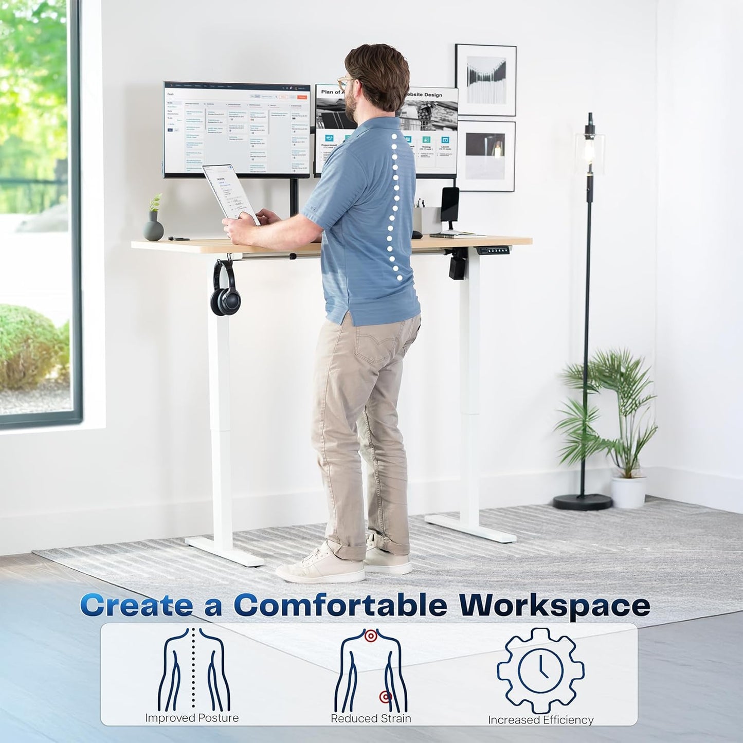 VIVO Electric 55 x 28 in Standing Desk, Memory Height Adjustment, 1B Series, One-Piece Light Wood Top, White Frame, DESK-KIT-1W55C