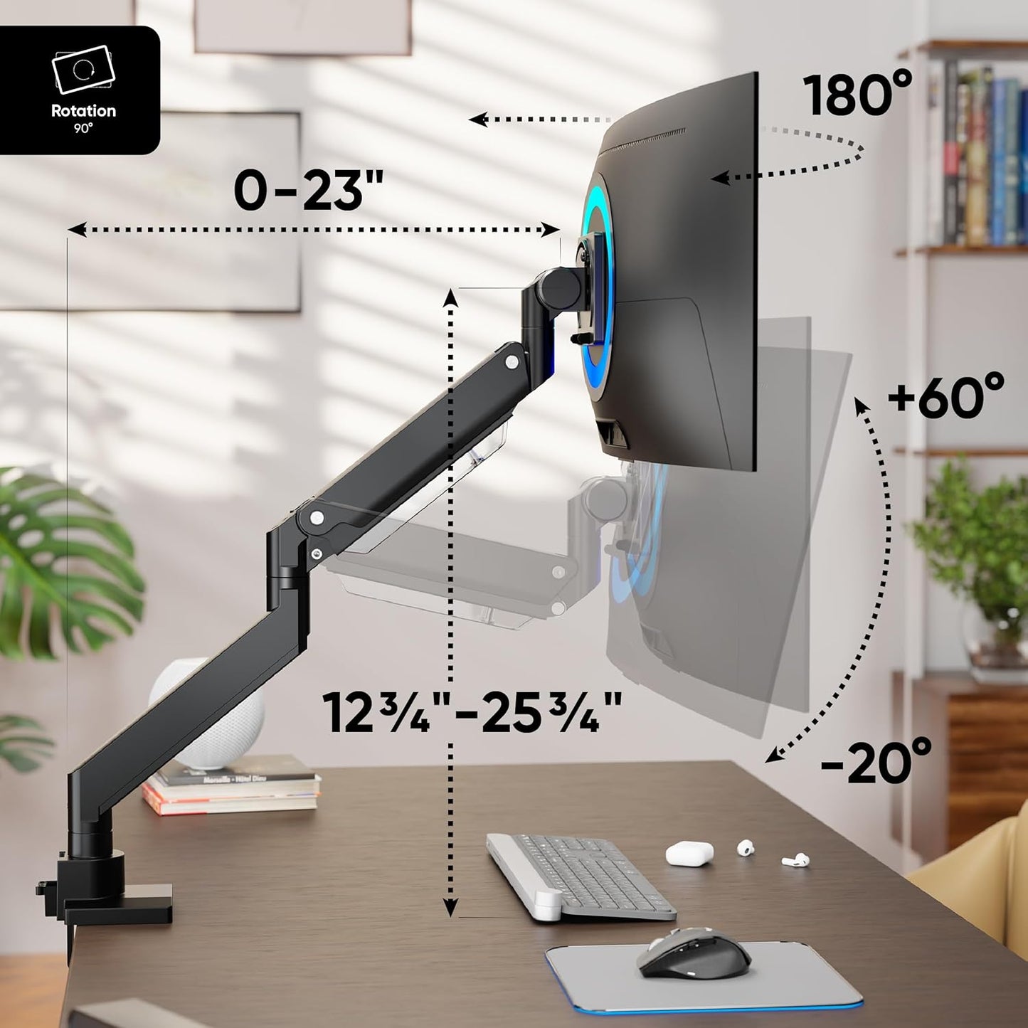 ONKRON Heavy Duty Monitor Arm for 17-57 Inch Screen up to 59.4 lbs, Ultrawide Monitor Mount with Gas Spring, VESA 75x75-200x200, Single Arm Screen Mount for Desk Swivel, Tilt, Rotation Black
