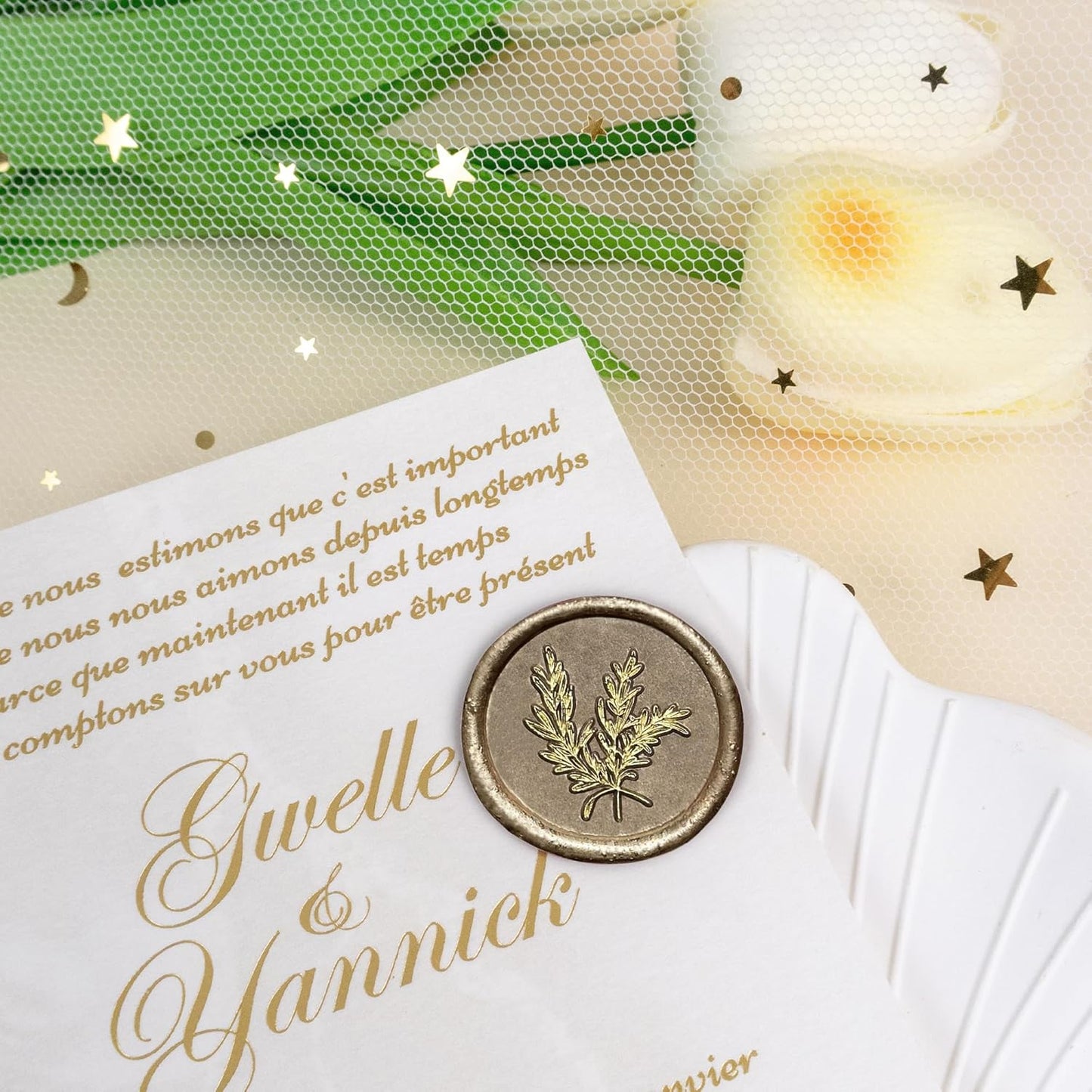 100Pcs Gold & Champagne Gold Seal Stickers - Handmade Self-Adhesive Envelope Seals for Wedding Party Invitations, Gift Wrap, Christmas (Gold Rosemary Style, Champagne Gold Wax)