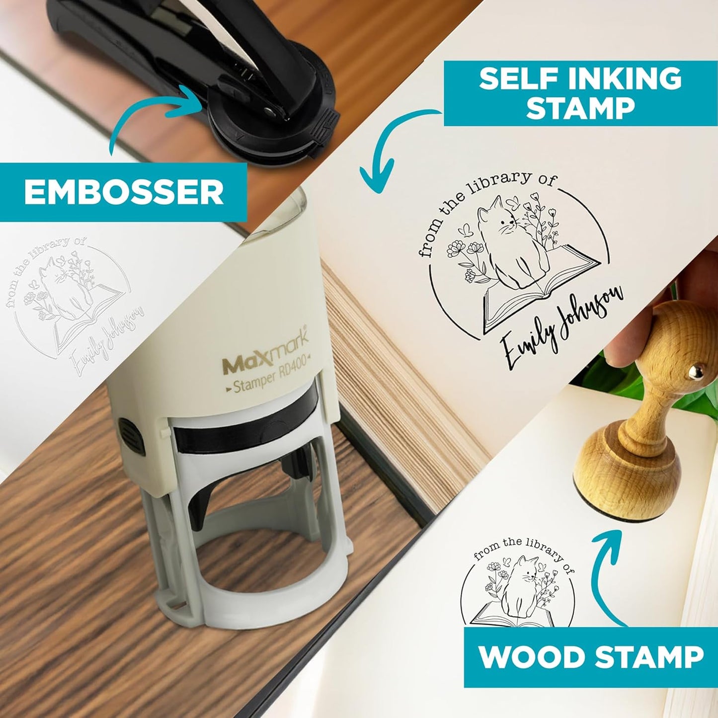 Custom Library Embosser - Style 102 - Embosser, Wood Stamp or Self Inking Stamp - Book Embosser Includes 50 Gold Seals - Custom Stamp Seal from The Library of