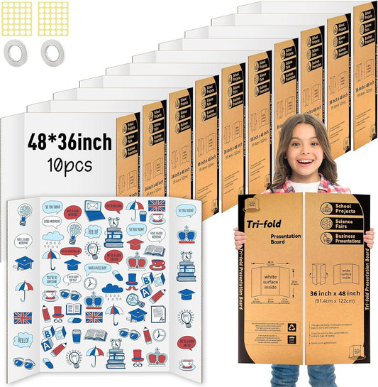 10 Pack Trifold Poster Board 48" X 36", IKAYAS Single sided White Poster Boards, Science Fair Display Boards Posterboard Foamboard for Mounting, Prints,Art,Display,Projects Classroom Supplies