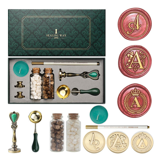 Letter Wax Seal Stamp Kit, Andotopee Wax Seal Kit Initial Alphabet A Sealing Wax Stamp Head 3pcs, Vintage Wax Stamp Seal Kit with Wax Seal Beads, Wax Seal Warmer Tools, Wax Seal Pen, Gift Box Set