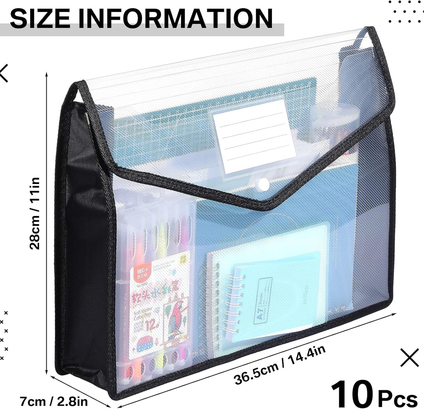 10 Pieces Plastic File Folders Envelope Expanding File Wallet Organizer Documents Folder with Snap Closure and Pocket B4 Waterproof Transparent Pouch for School Office(Black,Horizontal)