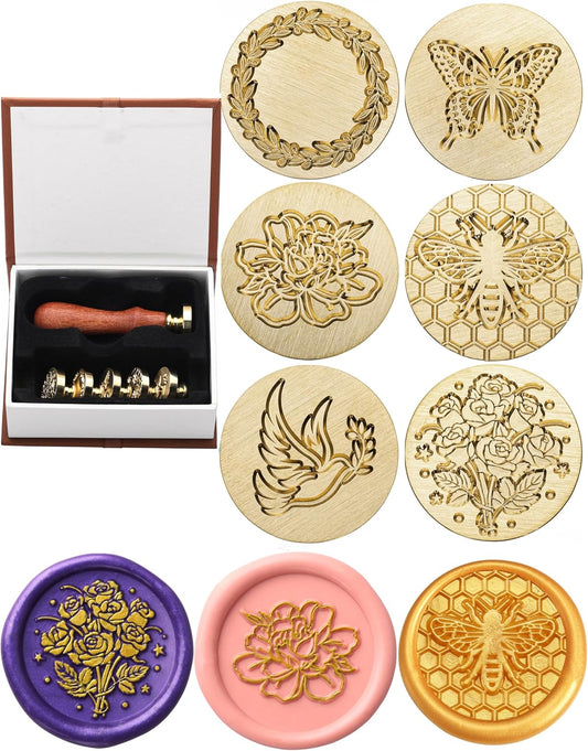 Yoption Wax Seal Stamp Gift Box Kit, 6 Pieces Flowers and Animals Sealing Wax Stamp Heads with 1 Wooden Hilt Set for Wedding Invitation Envelopes Card Gift (Natural Series)