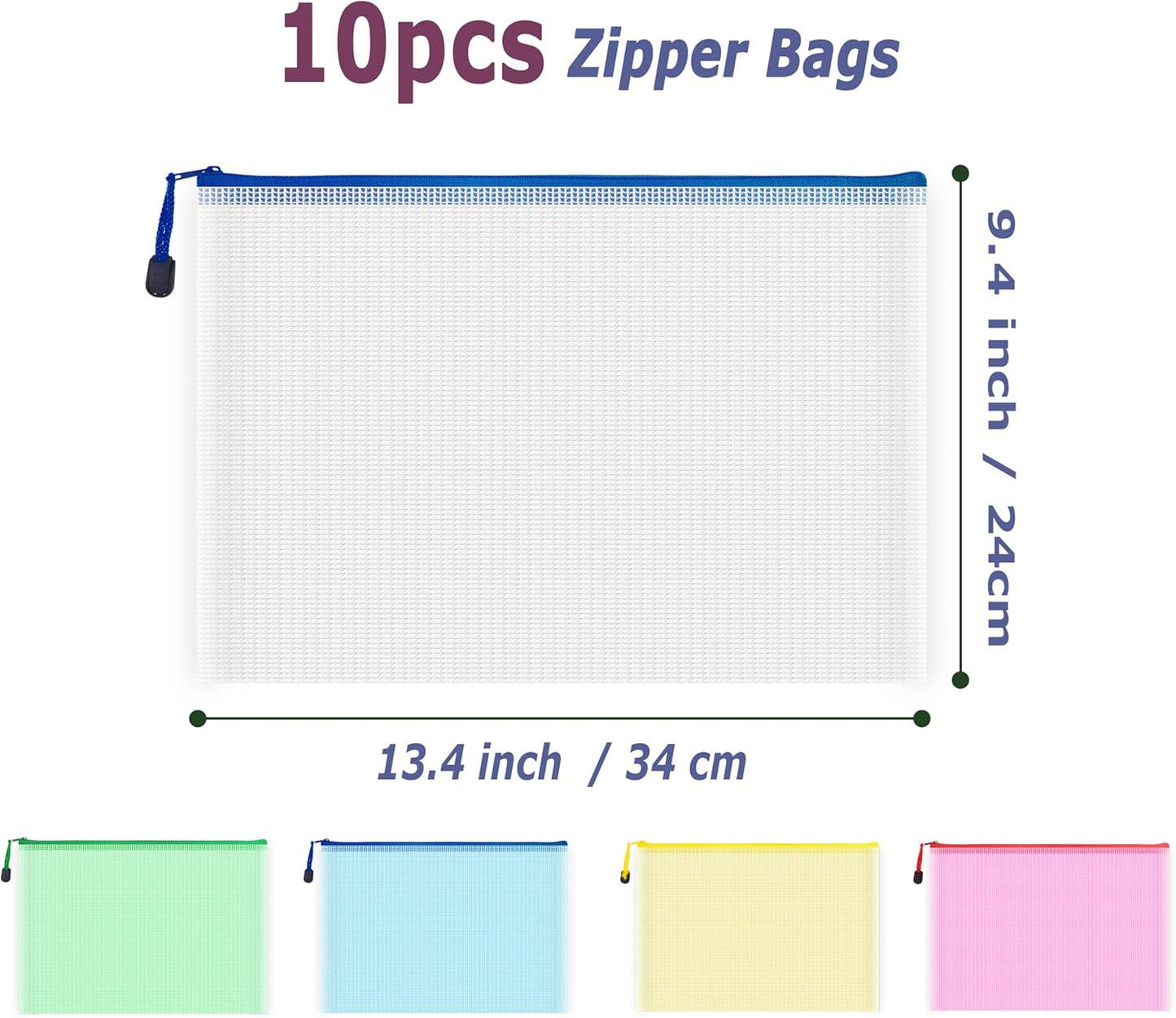 AUSTARK 10 Pcs Zipper File Bags, Waterproof Plastic Mesh Pouch for Office School, Board Game Storage Bags (A4 Size 13.4''x9.4'', Multicolored)