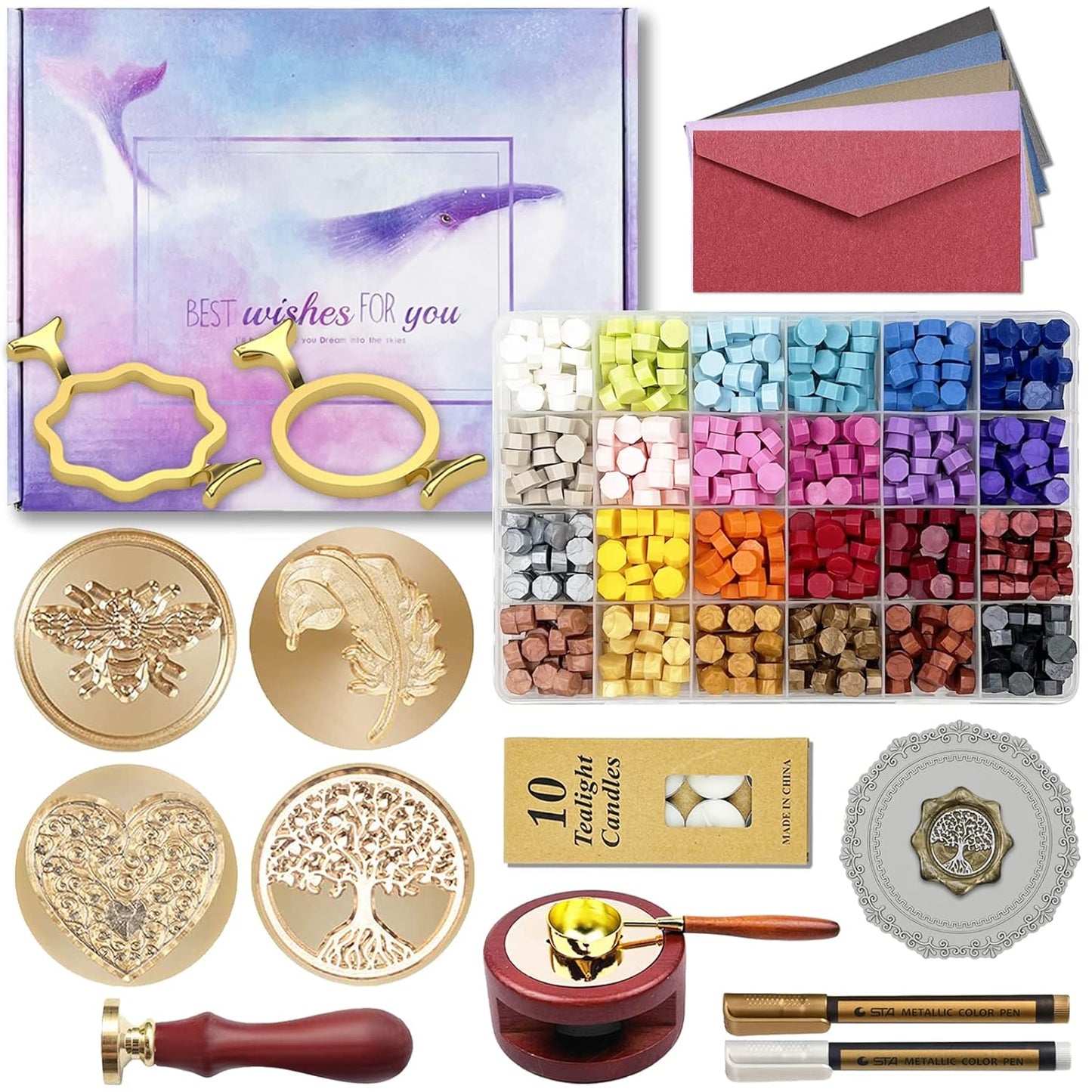 Wax Seal Stamp Kit with Gift Box, 672 Pcs Wax Seal Beads, 4 Pcs Wax Stamps, 2 Pcs Wax Seal Molds, Sealing Wax Warmer, Spoon, Mat, Metallic Pens, Candles, Wax Seal Kit for Craft Gift