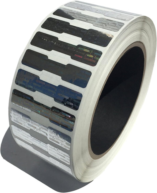 10,000 Silver Dog Bone Hologram Sticker TamperMax Tamper Evident Security Label Holographic Seal Sticker, Size 1.75" x 0.375" (44mm x 9mm).