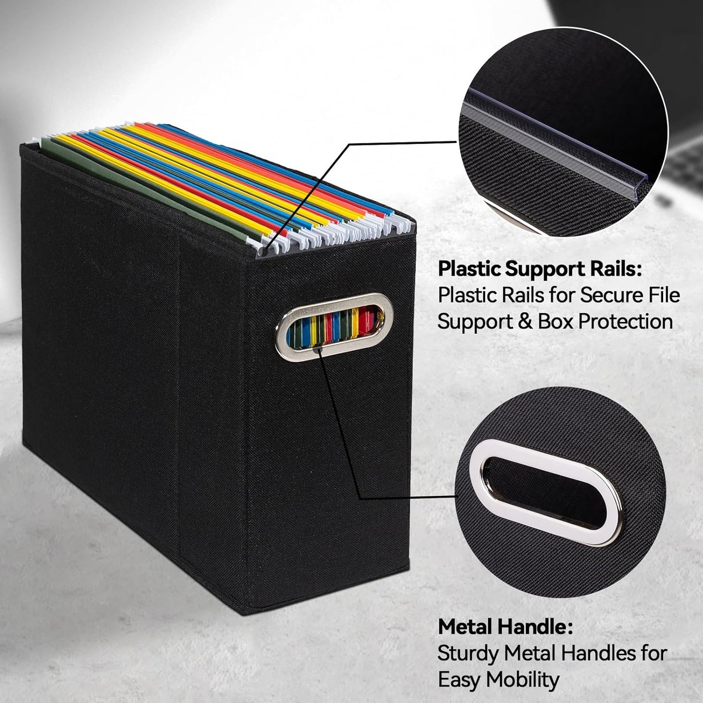 4 Packs Letter Size File Organizer, File Folders Organizer, Fabric Storage Box, Collapsible Paper Organizer with Metal Handle, Smooth PVC Rails, Only Box (Black)