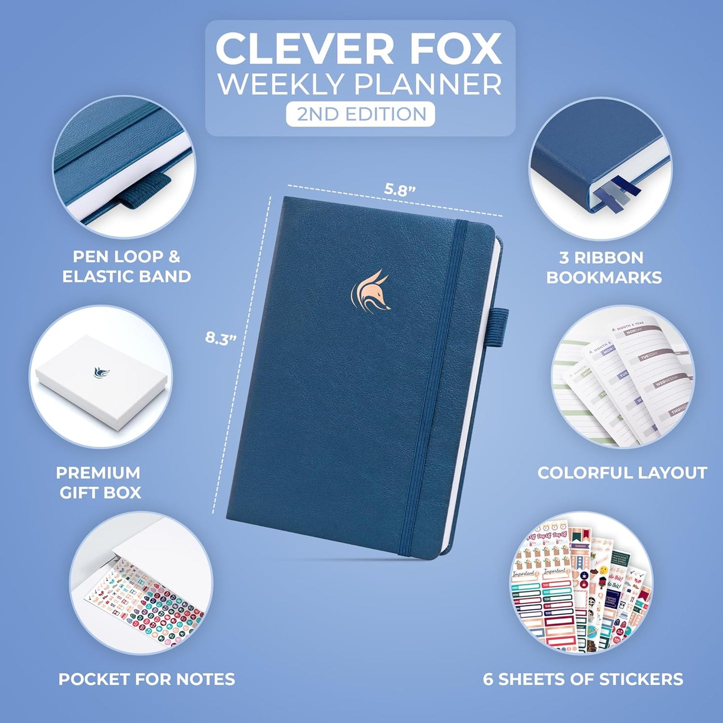 Clever Fox Planner 2nd Edition – Colorful Weekly & Monthly Goal Planner, Time Management & Productivity Organizer, Undated, A5 (Mystic Blue)