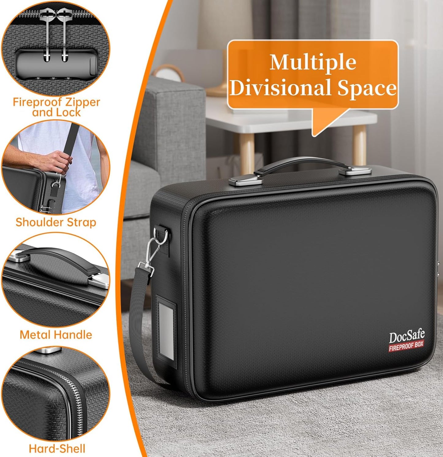 DocSafe Fireproof Document Box with Lock, Hard Case File Organizer with Accordion File Folder, Fireproof Water Resistant Safe Box Home Office Travel Storage for Important Documents Laptop Black