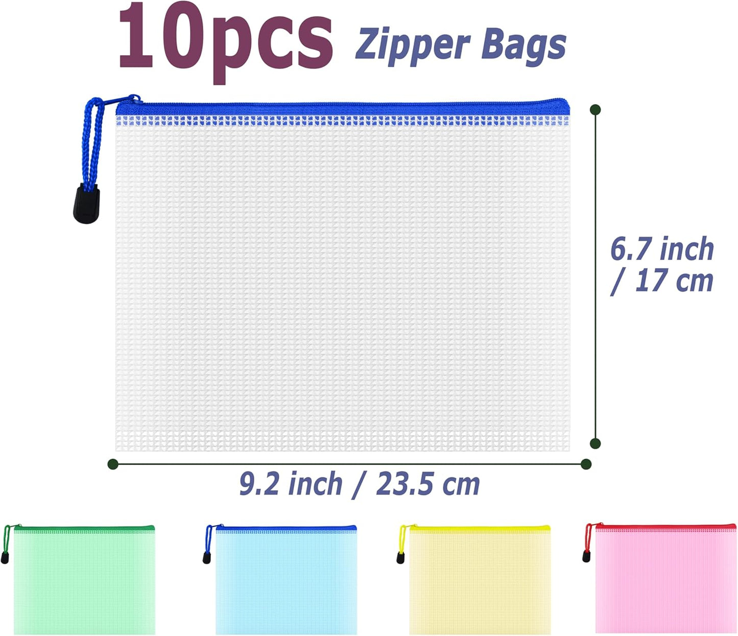 AUSTARK 10 Pcs Zipper File Bags, Waterproof Plastic Mesh Pouch for Office School, Board Game Storage Bags (A5 Size 9.2''x6.7'', Multicolored)