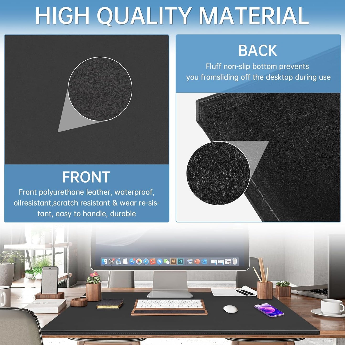 AKOZLIN 35.4"x22.8" Soft PU Leather Surface Office Desk Mouse Mat Pad with Full Grip Fixation Lip Table Blotter Edge-Locked Protector