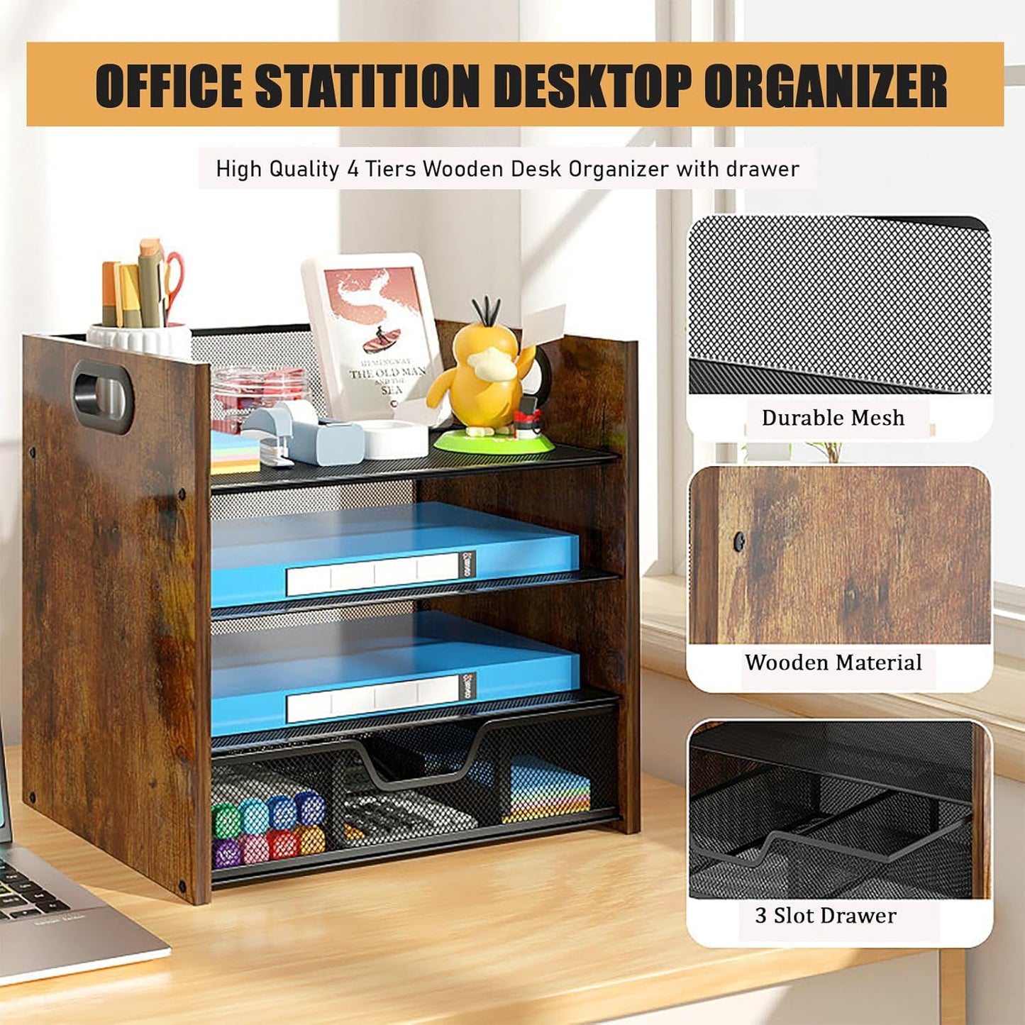 Wood Desk Organizer - 4-Tier Desktop File Organizer with Drawer, Wooden Paper Tray, Office Desk Organizer for Papers, Mail, Notebooks, Stationery