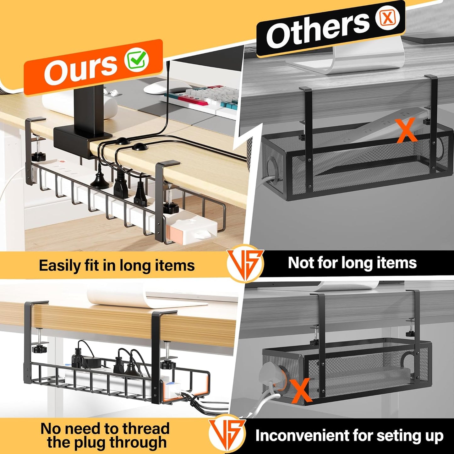 2 Pack Cable Management Under Desk Tray, 31.4" No Drill Under Desk Wire Management with Upgraded Clamp, Metal Cord Organizers for Desk with Cable Organizers, PC Cable Management Rack, Black
