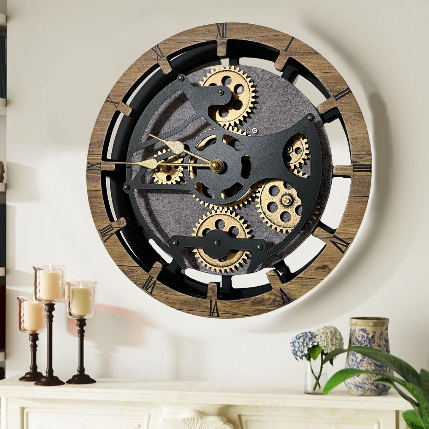 The Gears Clock 16 inches Wall Clock with Real Moving Gears Convertible into a Big Mantel Clock (Wood & Stone)