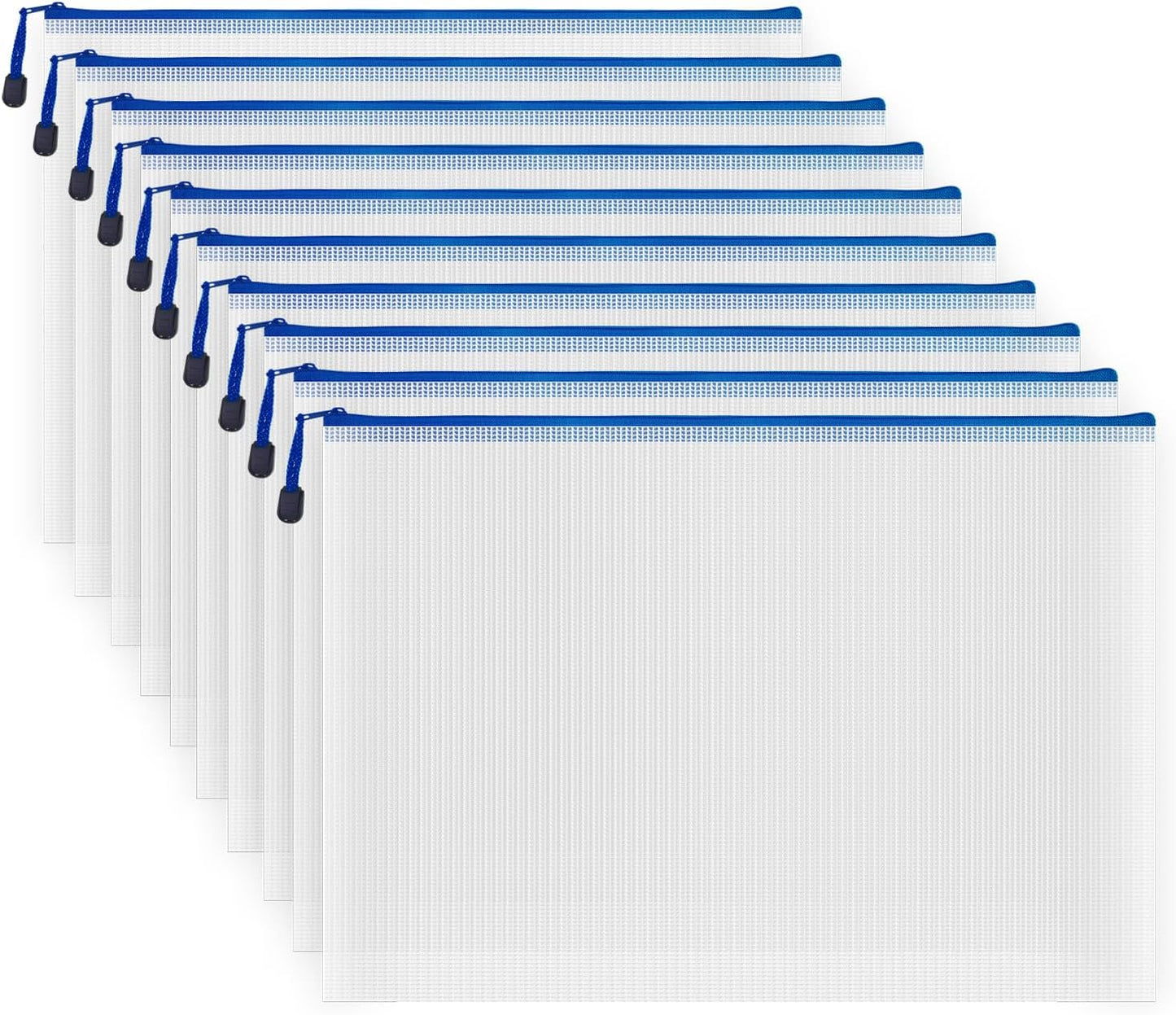 AUSTARK 10 Pcs Zipper File Bags, Waterproof Plastic Mesh Pouch for Office School, Board Game Storage Bags (A3 Size 16.9''x12'', White and Blue)