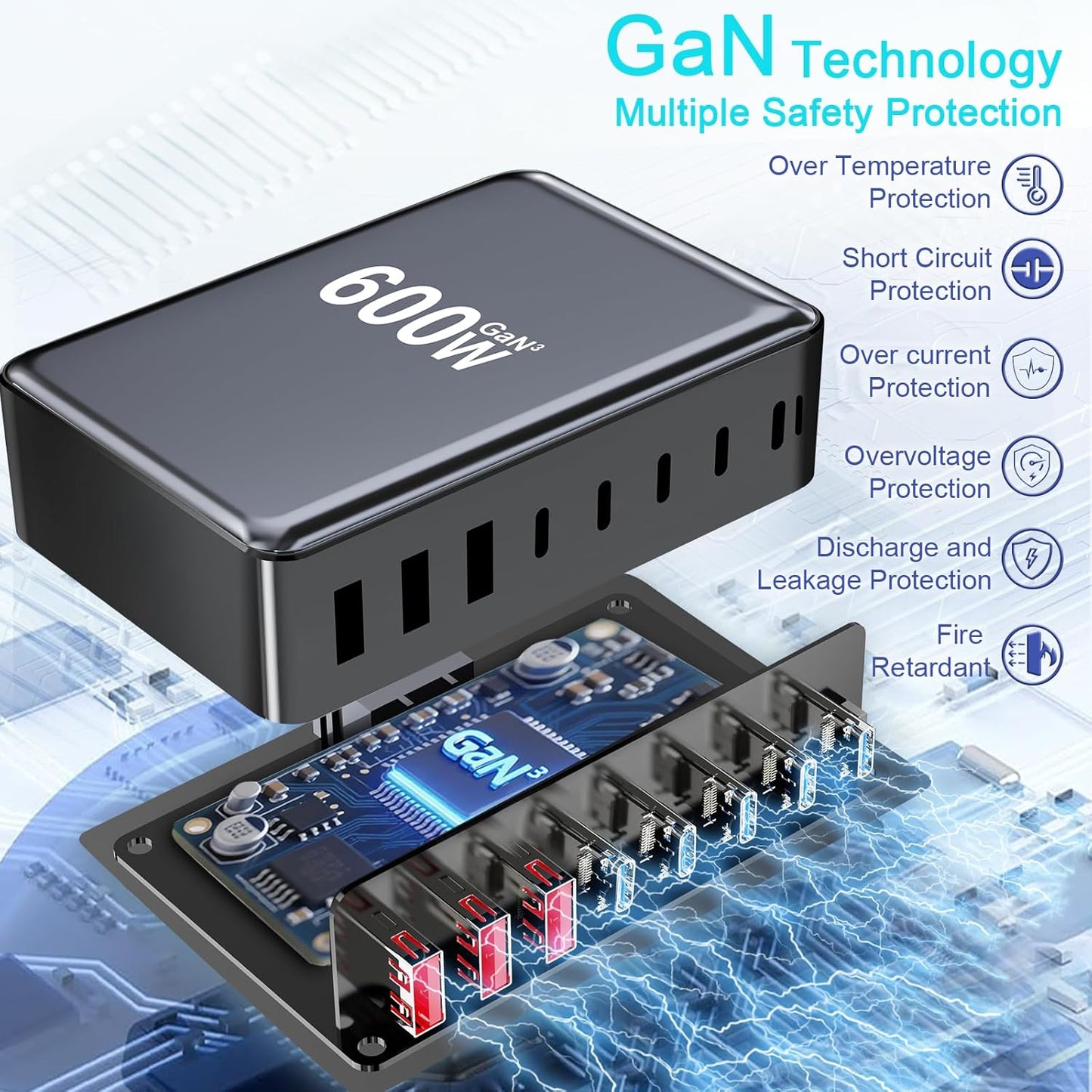 600W USB C Fast Charger Block, 8 Port USB Charging Station, GaN Ⅲ Pro Double 140W Port Charging Station for Multiple Devices,Laptop Wall Charger Compatible with DELL, MacBook,iPhone 17,Galaxy S24