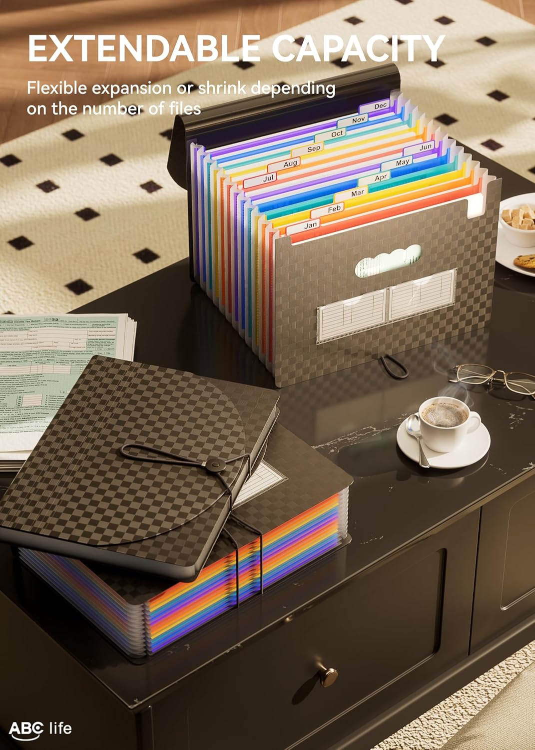 ABC life Accordian File Organizer 12 Pockets,Expanding File Folder/Portable A4 Letter Size Filling Box, Expandable Desktop Accordion Folder, Plastic Paper Document Coupon Organizer with Colored Labels