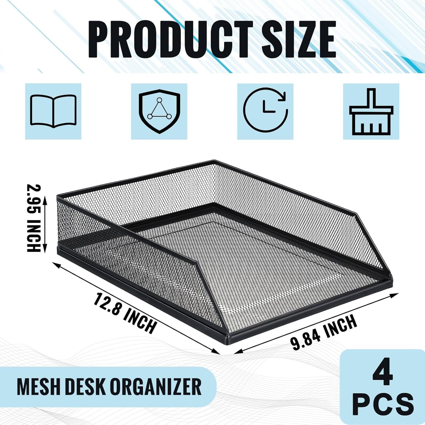 Hicarer 4 Pcs Black Metal Letter Tray Stackable Desk Tray Single Wire Mesh Organizer Front Load File Paper Holder for Desktop Office Home School Classroom (12.8 x 9.84 Inch)