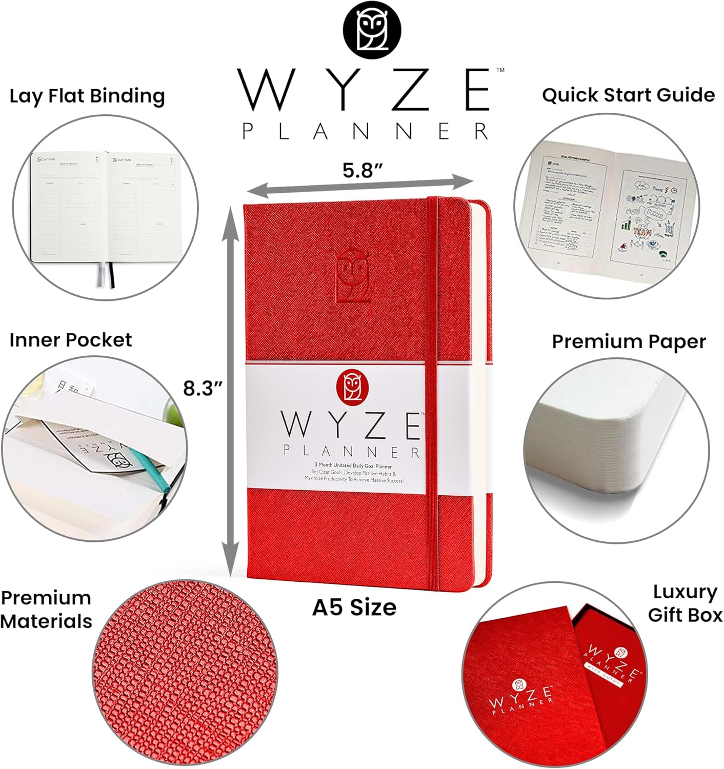 Undated Daily Planner – 3-Month A5 Productivity Organizer with Full Page Per Day, Hourly Schedule, Goal Setting, Habit Tracker, Weekly & Monthly Pages – Hardcover Time Management Notebook (Red)