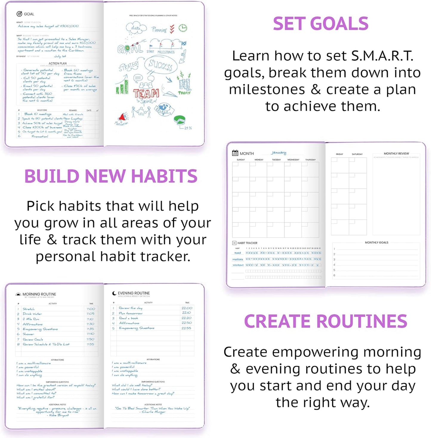 Undated Daily Planner – 1-Year B5 Productivity Organizer with Two-Page Weekly Spread, Goal Setting, Habit Tracker, Weekly & Monthly Pages – Hardcover Time Management Notebook (Lilac)