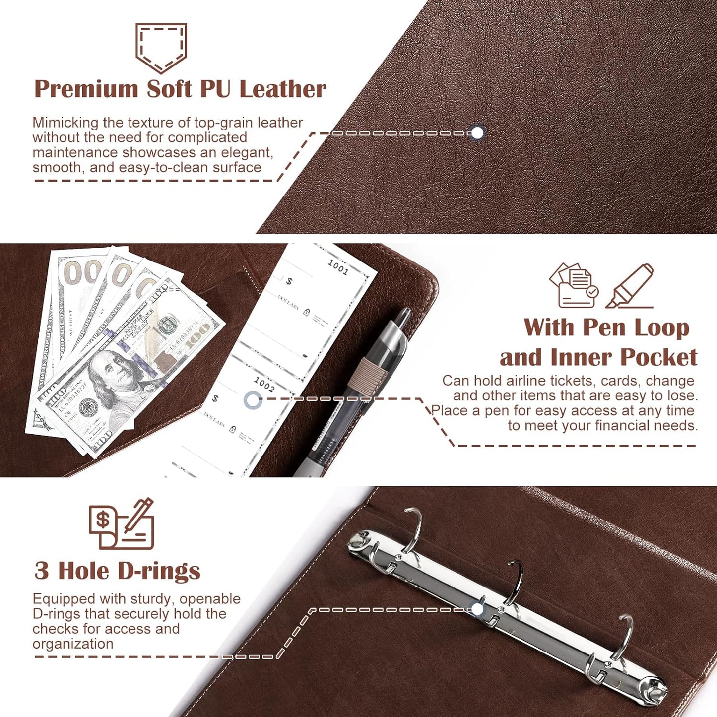 9" x11 1/4" PU Leather 3 Rings Personal Checks Binder for End-Stub Deskbook 3-Ring Binders for Desk Check fit 3 & 9 Holes Checkbook Binder Cover for Business Finances (Not Fit 7 Holes,Dark Brown)