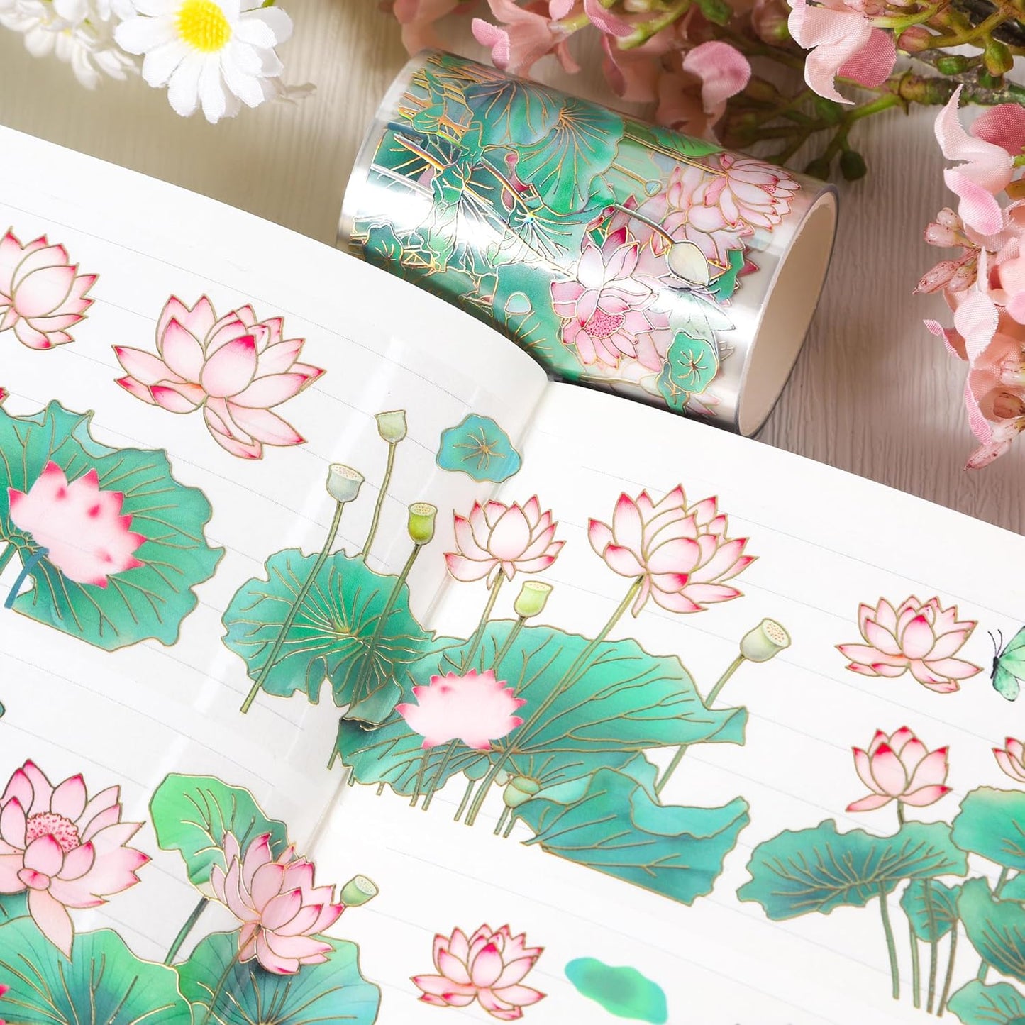 PET Tape for Journal Scrapbooking - Green Pink Lotus Journal PET Tape Scrapbook Supplies, Scrapbook Notebook Bottle Crafts Décor