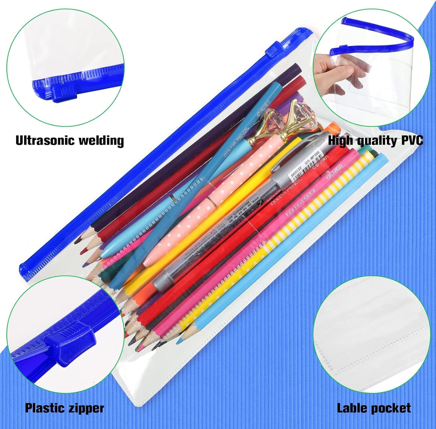 Marspark 100 Pieces Clear Pencil Case Zipper Envelope Bulk with Label Pocket Clear Plastic Envelopes with Zippered, A6 Pencil Bags for Cash, School Office Supplies, 9.2 x 4.7 Inches(Blue)