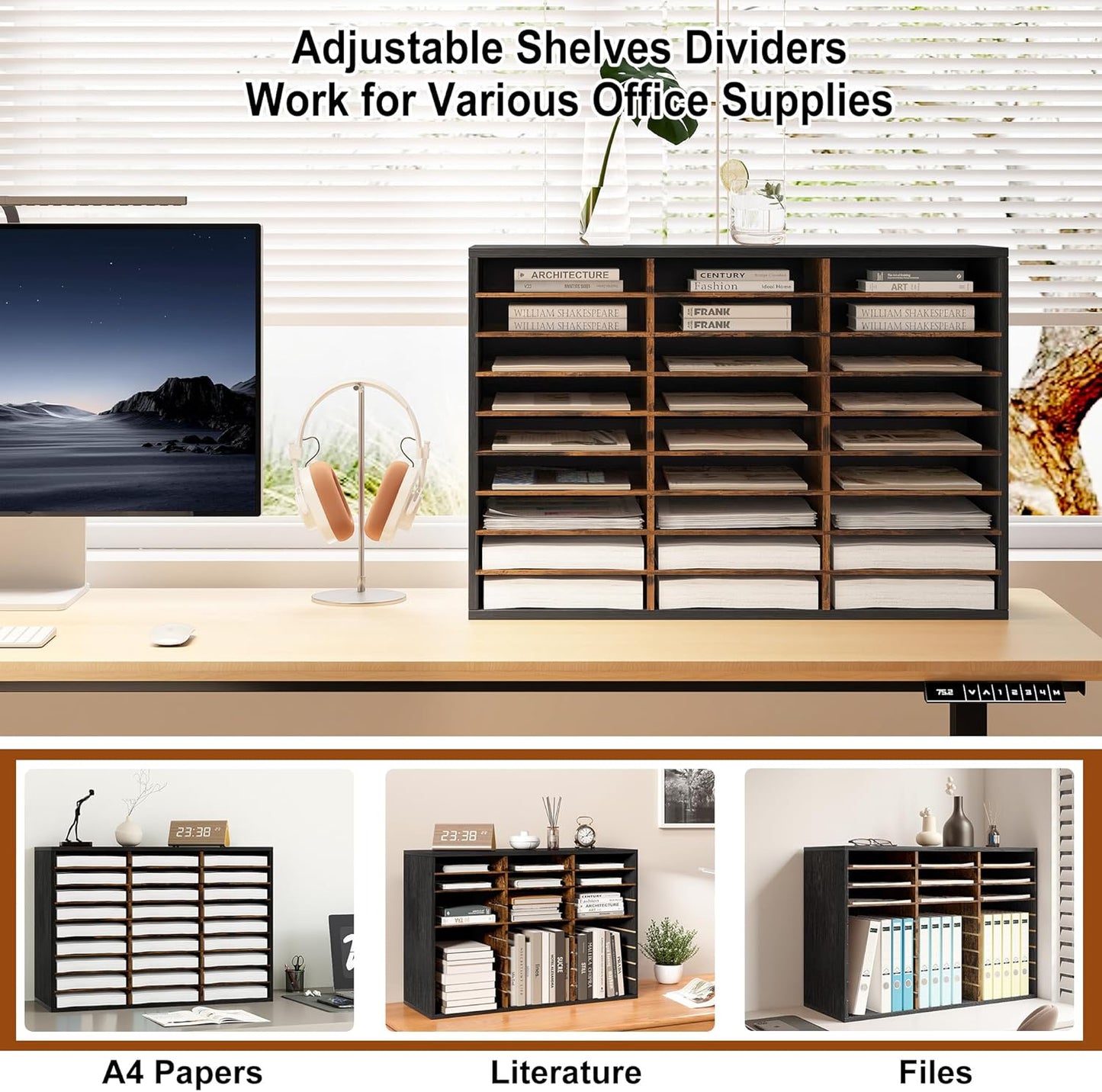 Mail Organizer Countertop, 27 Slots Wooden Desk File Literature Sorter, Adjustable Paper Storage Shelves Document Holder, Space Saving Desktop Mailbox for Office Classroom, Black/Rustic Brown