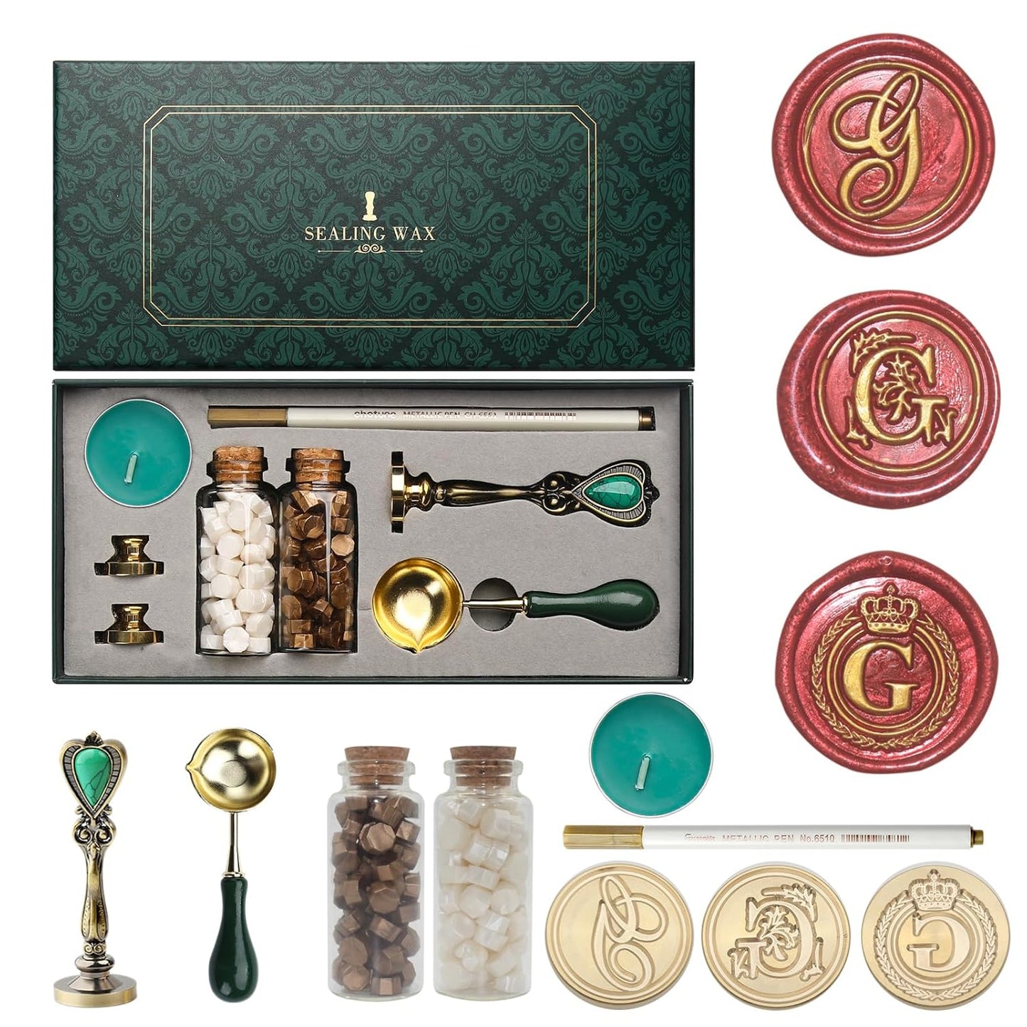 Letter Wax Seal Kit with Initial Alphabet G Wax Seal Stamp Head 3pcs, Pearl White and Vintage Gold Stamp Sealing Beads, Spoon, Metallic Gold & Silver Pen, Vintage Gift Box Set