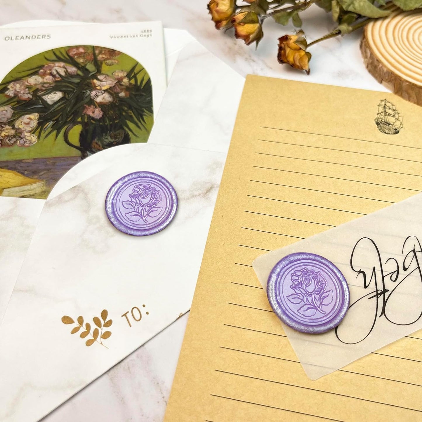 100Pcs Wax Seal Stickers Handmade Envelope Seals Self Adhesive Wax Stickers for Wedding Party Invitations, Envelope, Gift Wrap, Christmas(Rose Style, Lilac Purple)