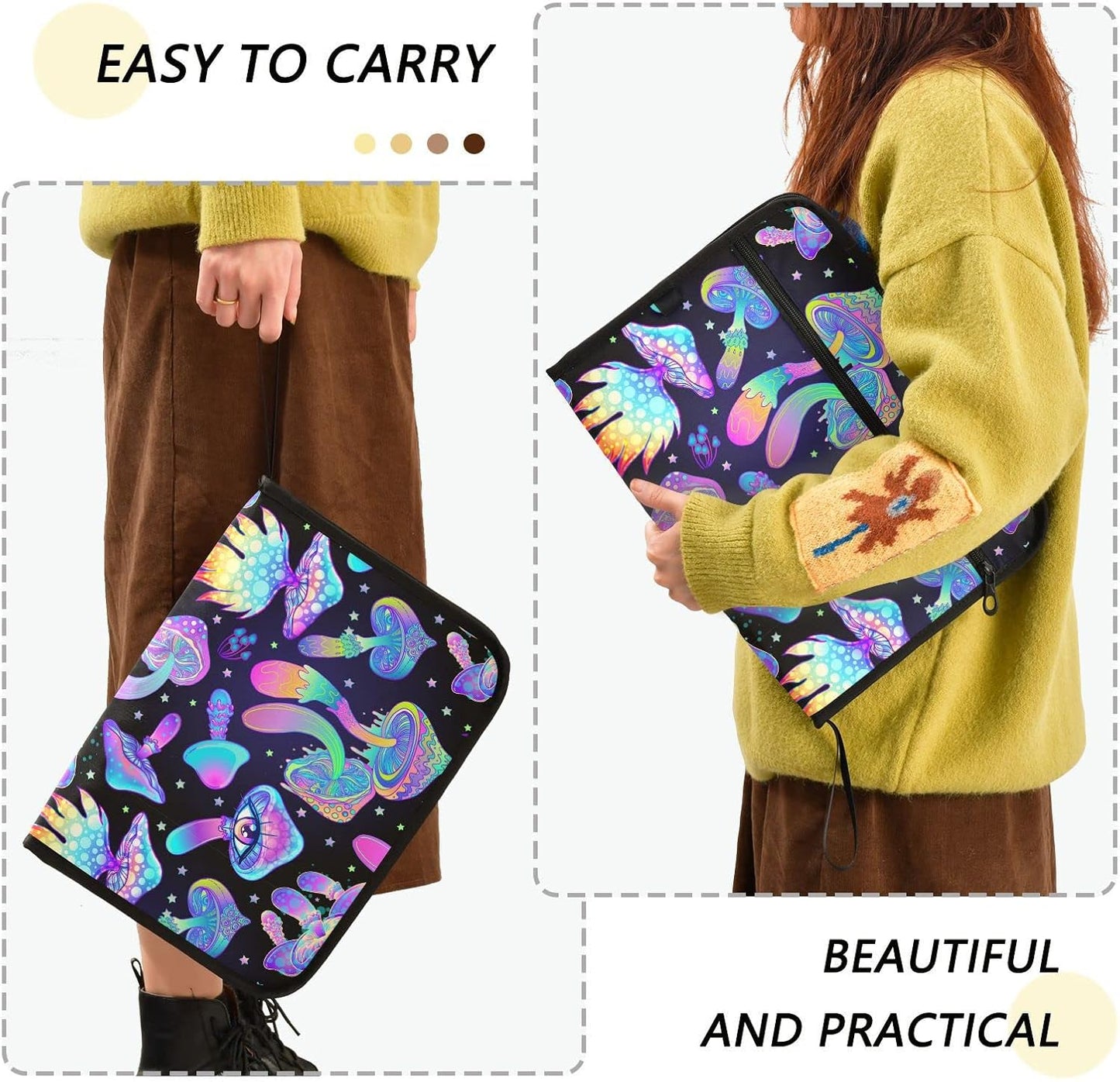 Gredecor 13 Pockets File Folder Organizer A4/Letter Water Resistant Hippie Boho Magic Mushrooms Document Bag with Zipper Filing Folder Expanding File Pouch Storage for School Office