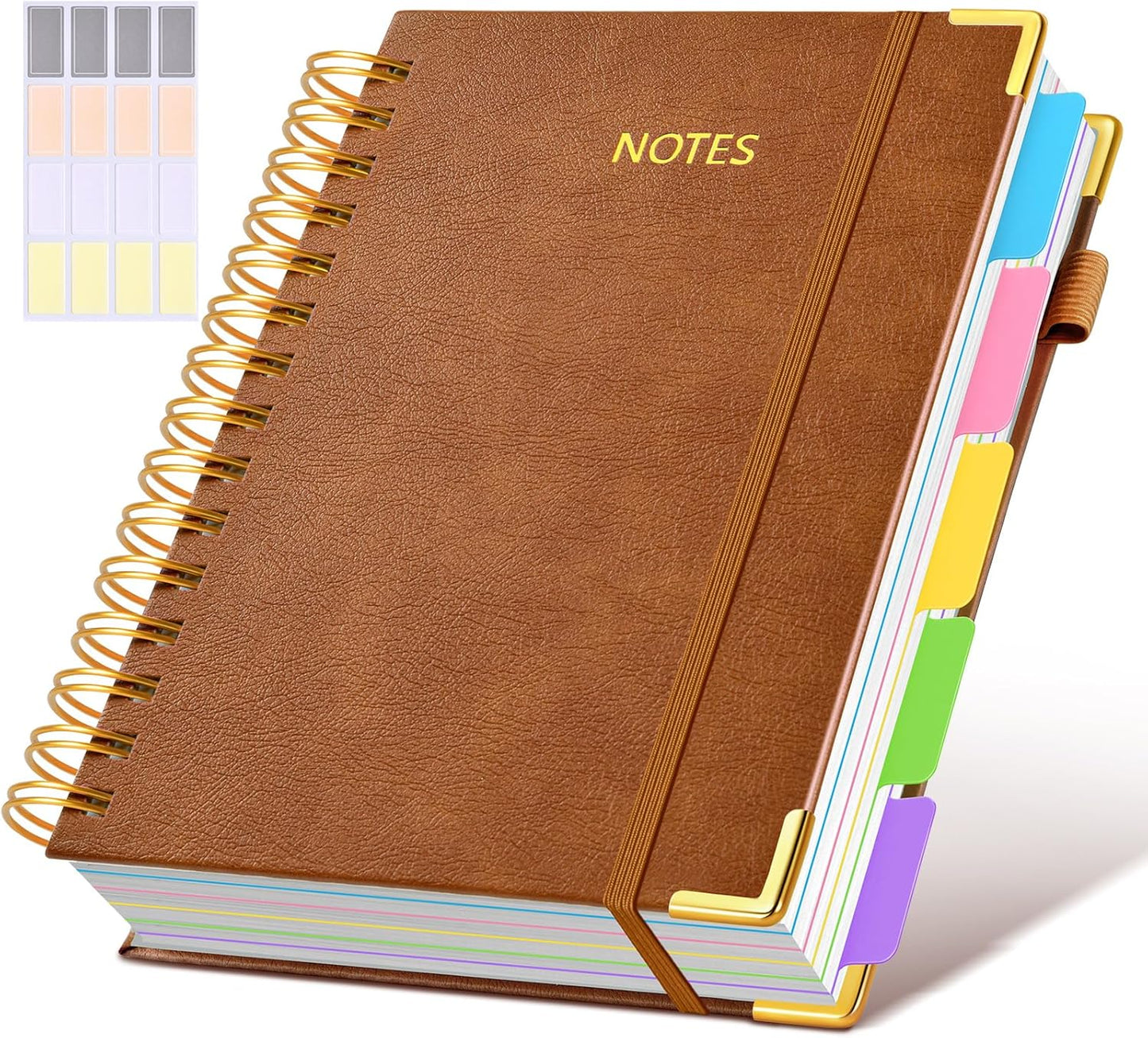 Hardcover Spiral Notebook journal with Removable Dividers Tabs, 300 Pages Leather 5 Subject Notebook College Ruled,A5 Notebooks for Work School Note taking,Lined Journal for Women,A5 Light Brown
