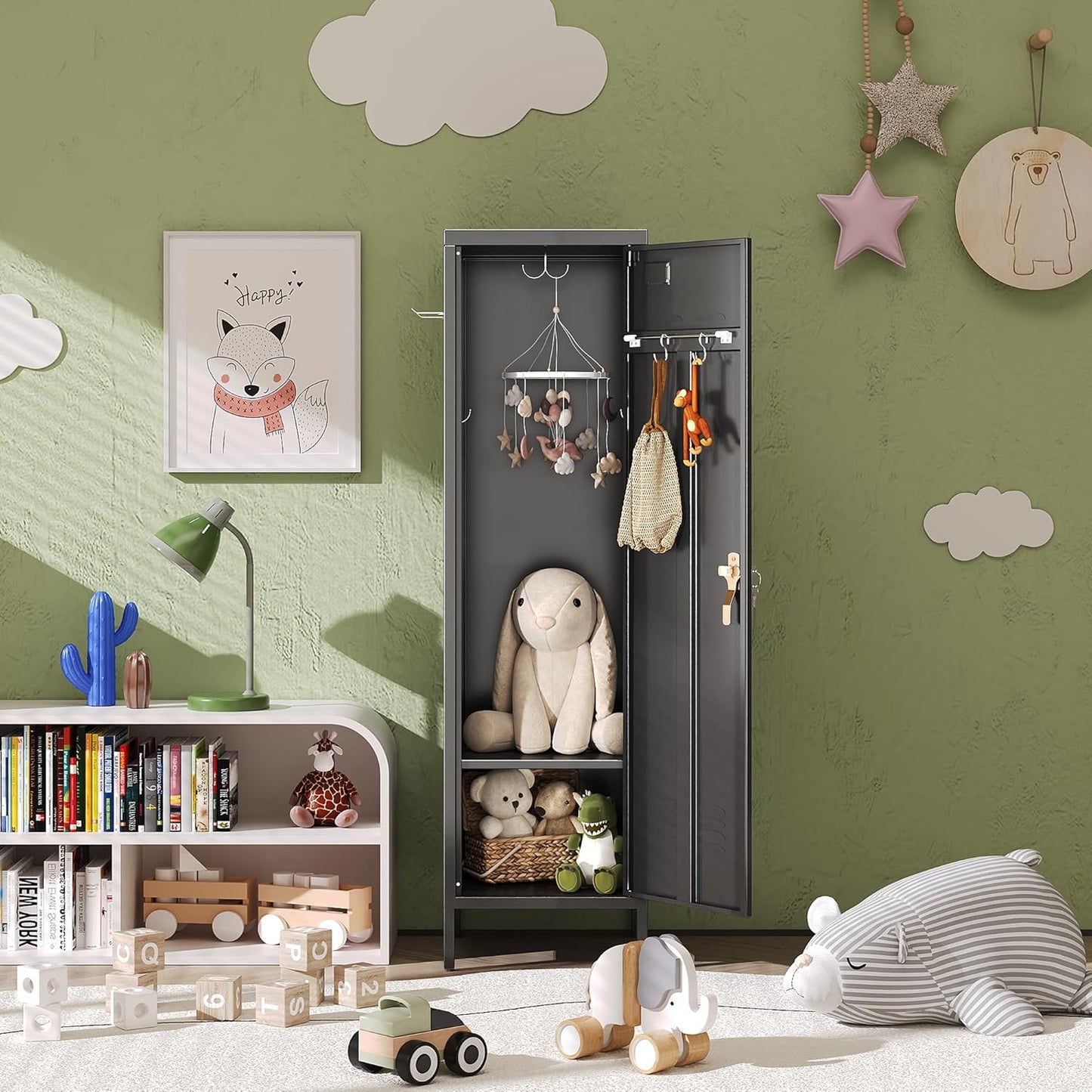 1 Door Metal Storage Locker with Handle and Hanging Rod,Metal Locker for Employees with Pegboard and Hooks for Gym, School, Office,Home,Garage,Grey,Assembly Required,Black