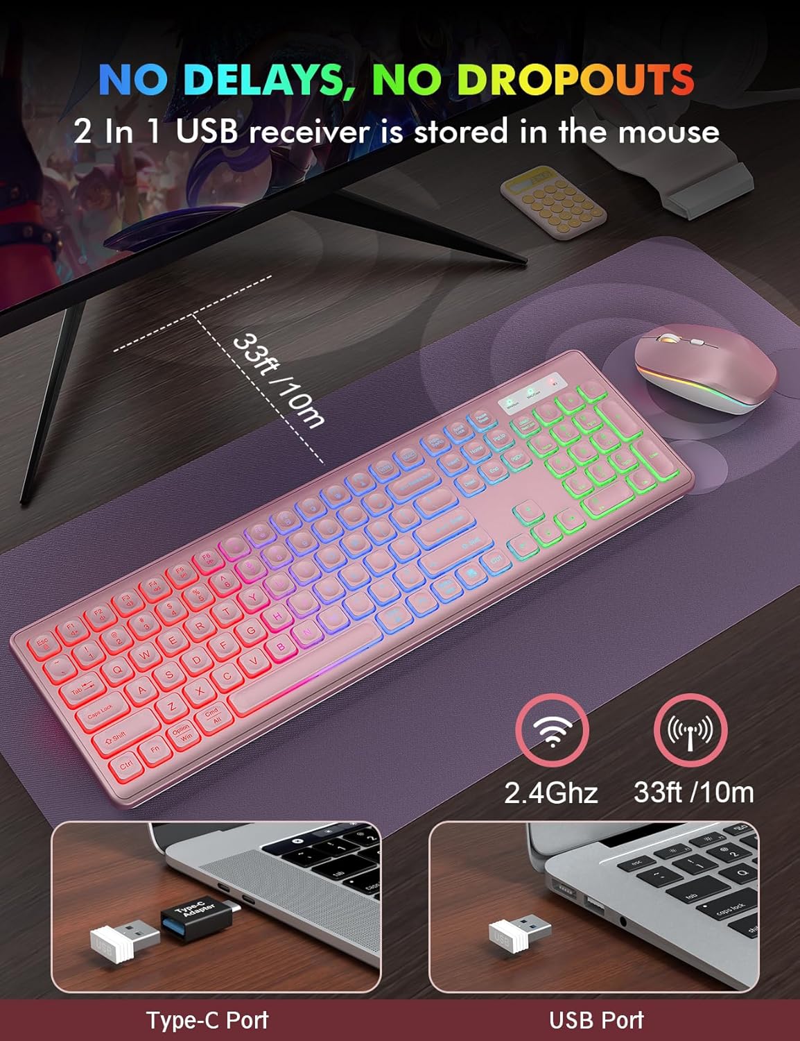 Wireless Keyboard and Mouse Combo - RGB Backlit, Rechargeable & Light Up Letters, Full-Size, Ergonomic Tilt Angle, Sleep Mode, 2.4GHz Quiet Keyboard Mouse for Mac, Windows, Laptop, PC, Trueque, Rose