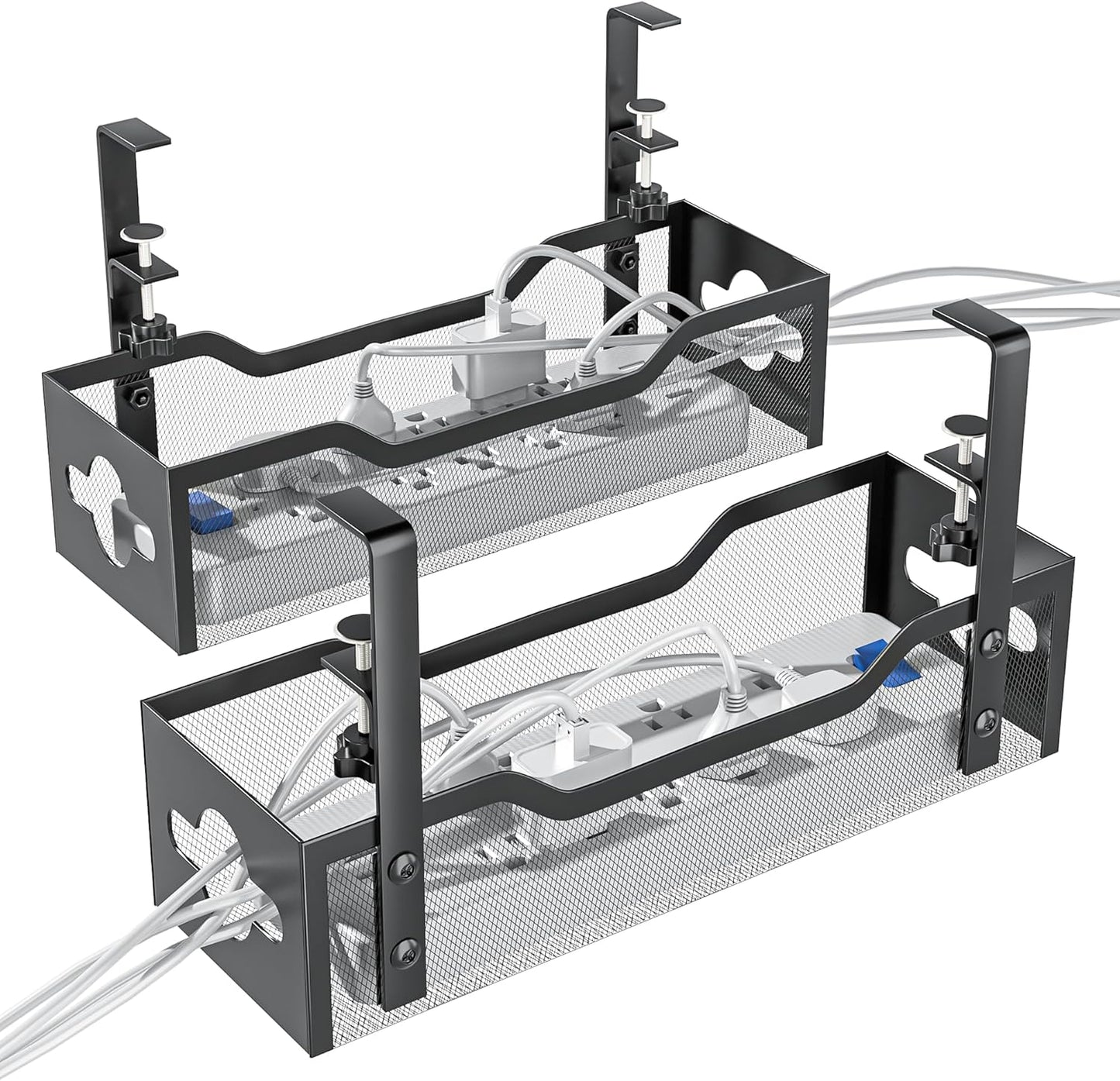 2-Pack Under Desk Cable Management Tray 13.38", Quszmd Cable Organizer No Drill, Standing Cord Organizer and Wire Management Tray - No Damage to Desk, Black