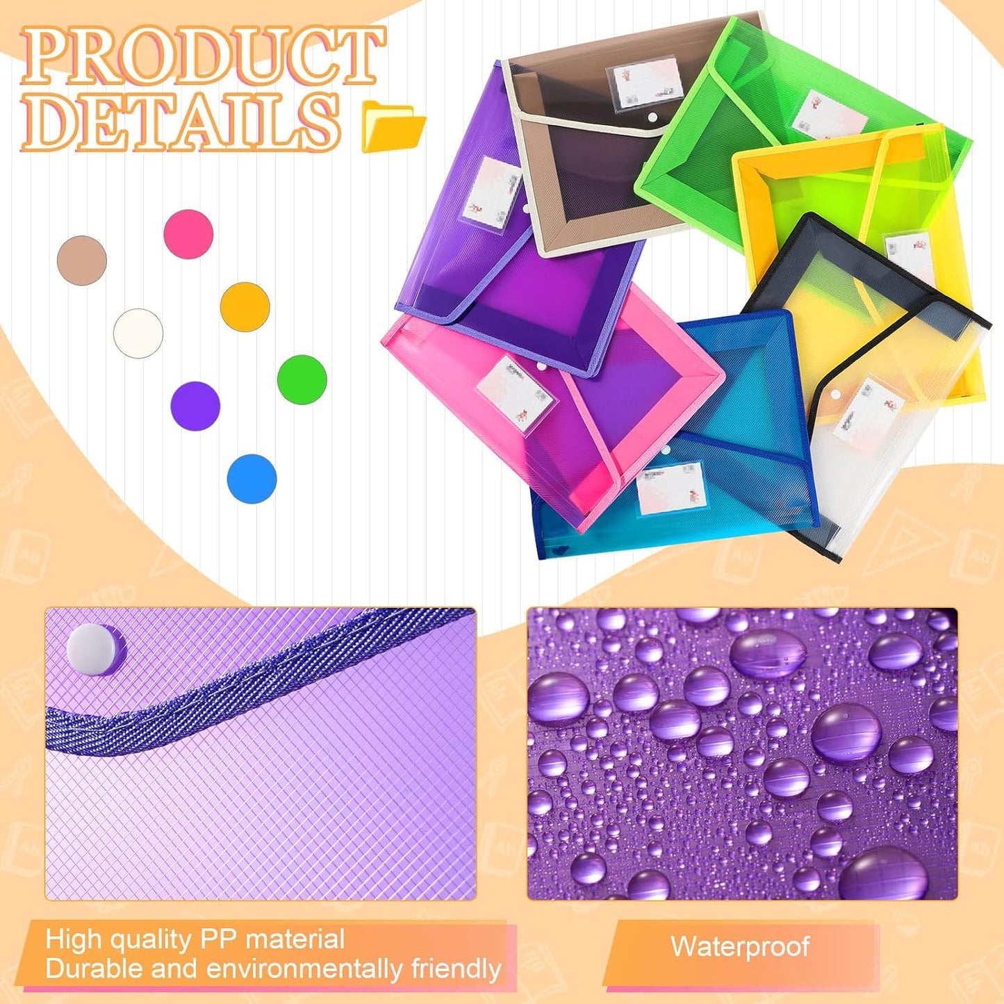 B4 Plastic Expanding File Folders Wallet for School Classroom Envelope File Folder Document Organizer Colorful Receipt Organizer with Snap Closure for Office(Mixed Color,14 Pack)