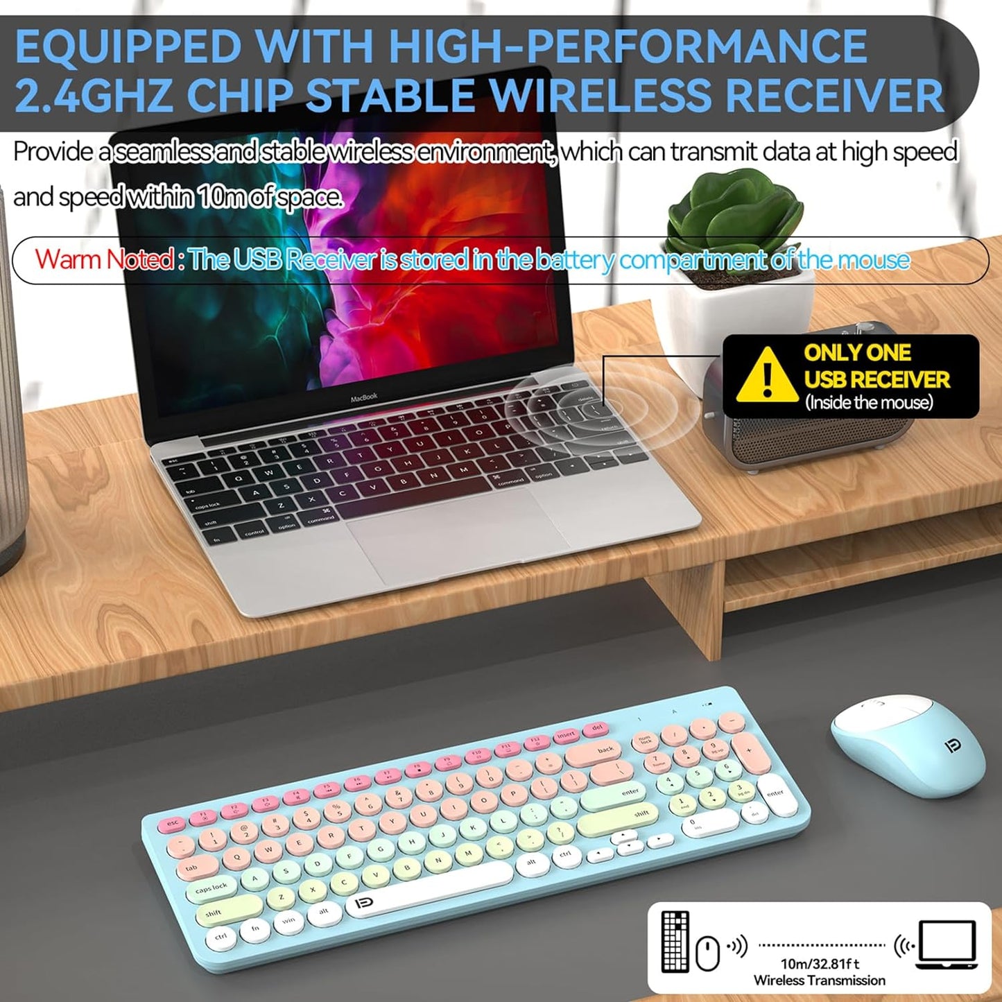 FD Wireless Keyboards and Mouse Combo - 2.4GHz USB Cordless, Cute Wireless Keyboard Round Keys, Quiet and Slim Set for Laptop, Computer, TV and Mac - Blue Pale Green Colorful