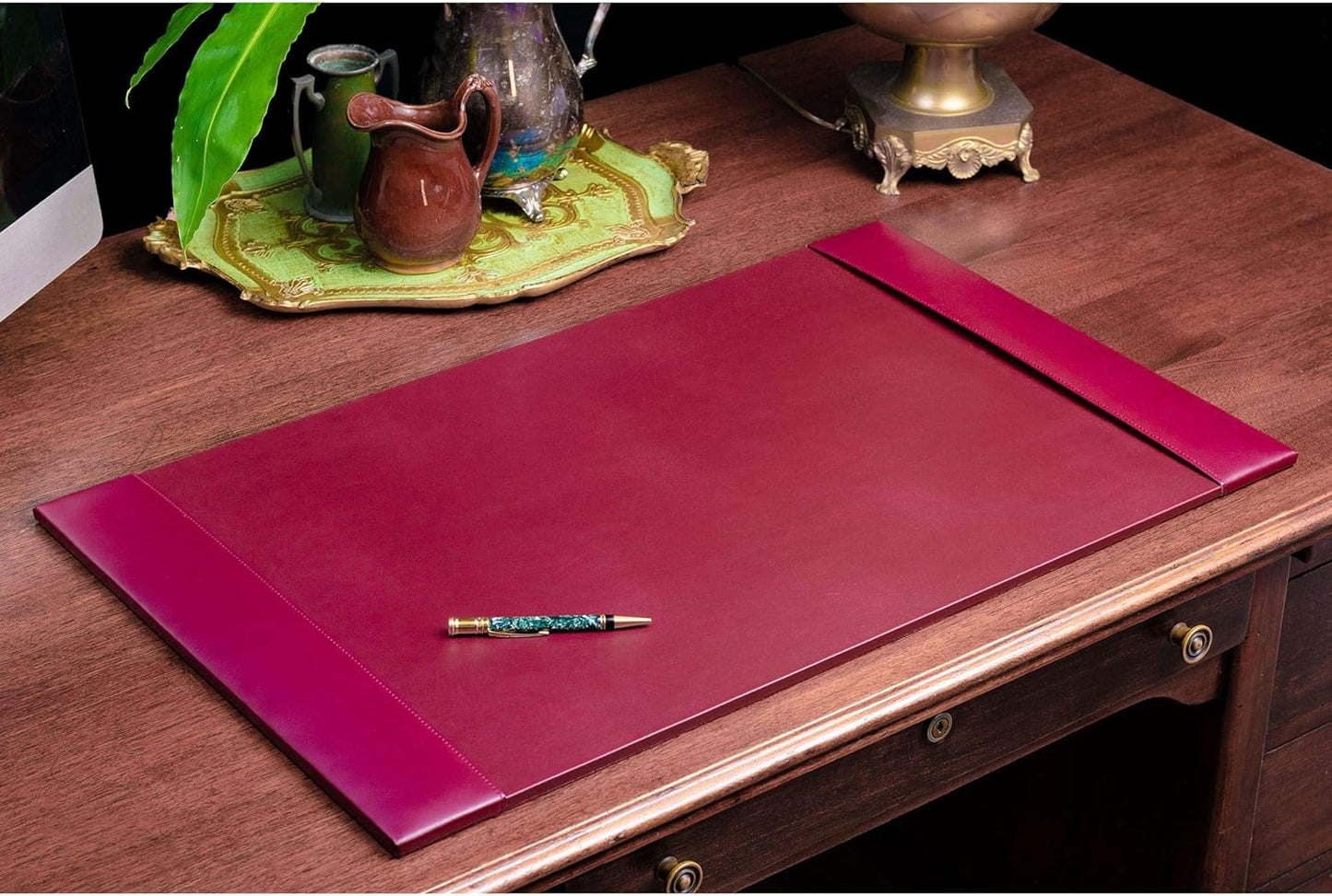 DACASSO Bonded Leather Desk Pad with Side Rails - Luxury Leather Desk Blotter for Writing - Padded Executive Desk Surface Protector - ( Burgundy, 30” x 18”)