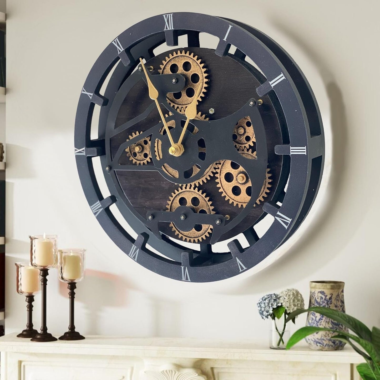 The Gears Clock 16 inches Wall Clock with Real Moving Gears Convertible into a Big Mantel Clock (Vintage Black)