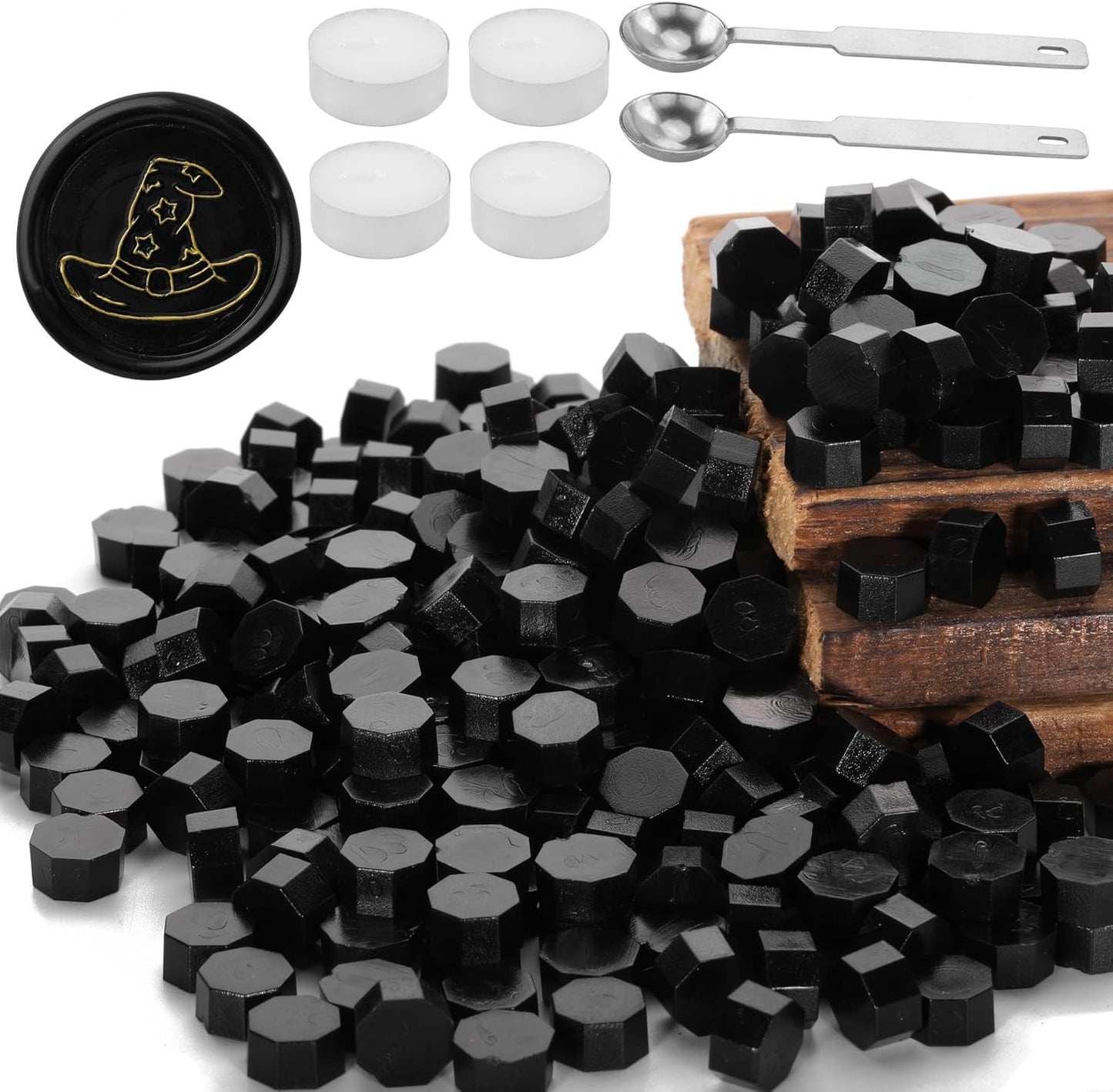 Black Sealing Wax Beads, Yoption 300 Pcs Octagon Wax Seal Beads Kit with 2 Melting Spoon and 4 Candles for Wedding Invitation Envelopes Gift Wrapping (Black)