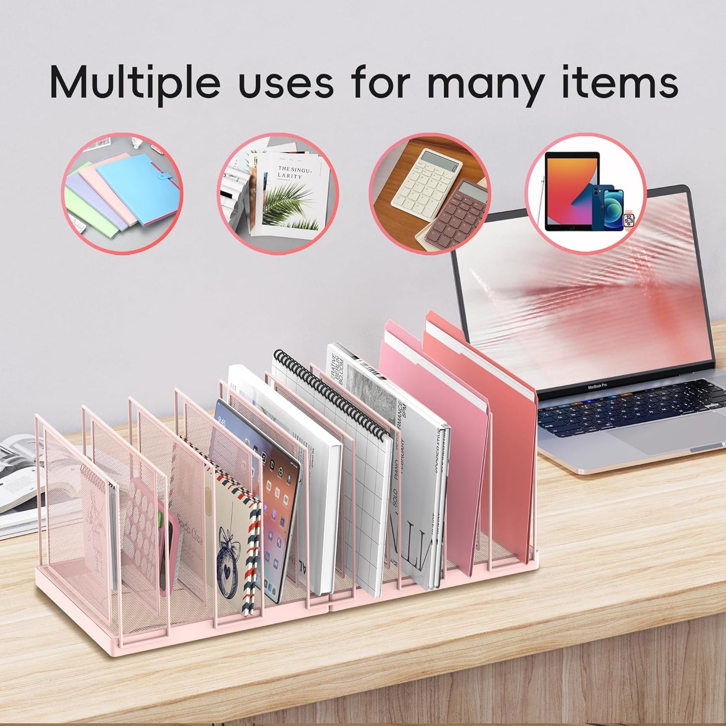 9-Section Desk File Organizer, Vertical File Holder, Mesh Desktop File Folder Metal File Organizer Stand for Office Home Classroom, Pink