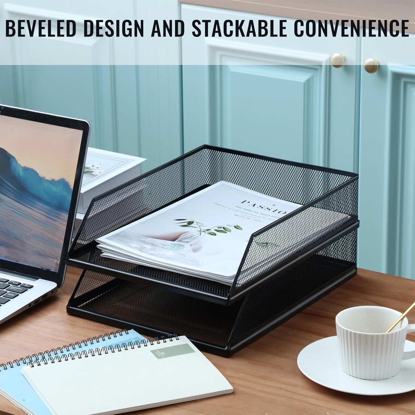 Hicarer 2 Pcs Black Metal Letter Tray Stackable Desk Tray Single Wire Mesh Organizer Front Load File Paper Holder for Desktop Office Home School Classroom (12.8 x 9.84 Inch)